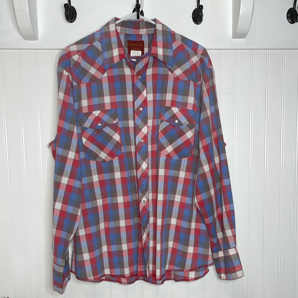Vintage Rustler XL Long Tails Pearl Snap plaid western lightweight‎ summer shirt